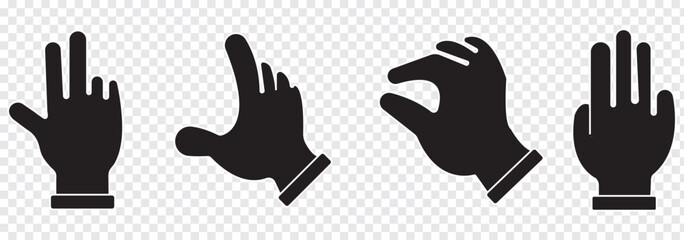 Hand gestures silhouette collection, showing various hand movement poses, pointing, handshake, and reaching hands for design, communication symbols, body language, vector graphics.