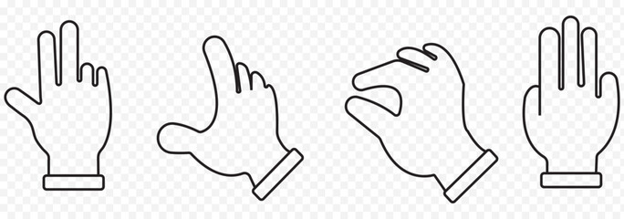 Hand gestures silhouette collection, showing various hand movement poses, pointing, handshake, and reaching hands for design, communication symbols, body language, vector graphics.