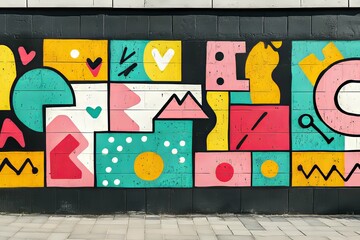 Colorful abstract shapes and designs painted onto a concrete wall