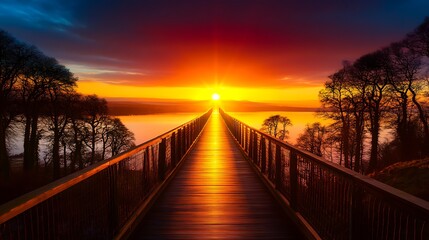 Fototapeta premium Sunrise Path Wooden Bridge to Vibrant Dawn.
