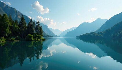 Distinctive shoreline shape reflected in still lake water, environment, nature photography, water