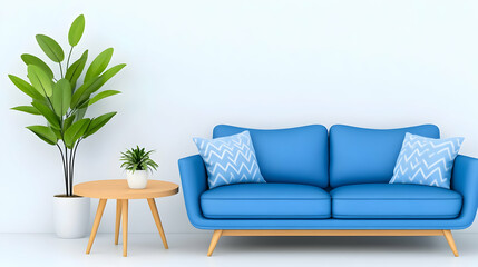 Modern Living Room Interior Design With Comfortable Sofa, Coffee Table And Plants, Cropped Image With Copy Space