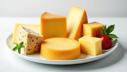 Elegant cheese platter, various cheeses, white backdrop , grazing, platter