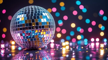 Shiny mirror disco ball reflecting multicolored lights, surrounded by glowing orbs and tiny candles, evoking a nostalgic 80s dance club and retro party ambiance