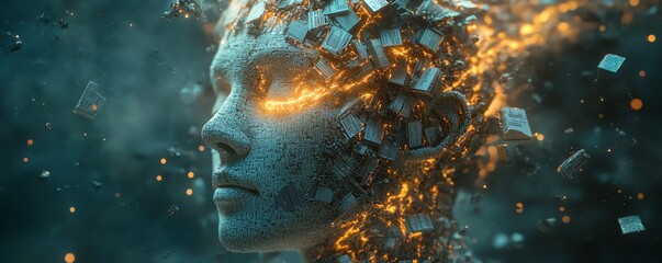 A 3Drendered artwork of a human head made of books and microchips