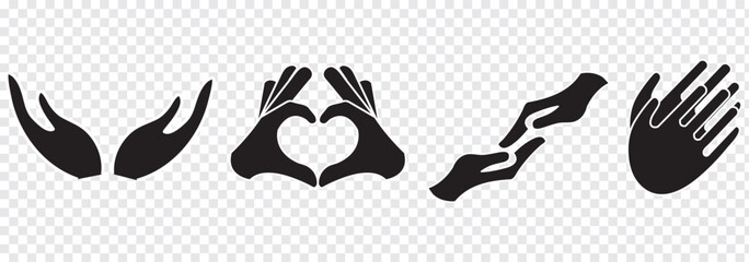 Hand gestures silhouette collection, showing various hand movement poses, pointing, handshake, and reaching hands for design, communication symbols, body language, vector graphics.