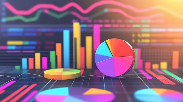 Vibrant financial graphs and diagrams illustrate growth and statistical trends