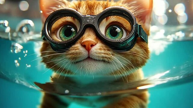 Playful ginger kitten swimming underwater with goggles.  Possible use Children's book cover, animal print, or social media post