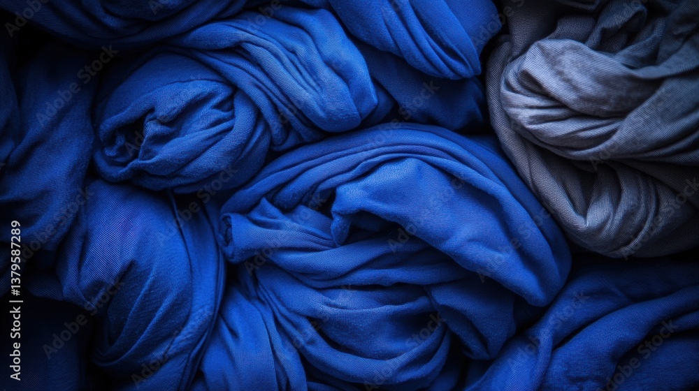 Poster close-up of neatly rolled fabric displaying various shades of blue and gray, highlighting texture an