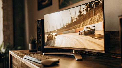 Ultra-wide curved gaming monitor with dynamic RGB lighting displaying fast-paced racing game on modern black desk. Cutting-edge gaming setup for esports and virtual racing enthusiasts.