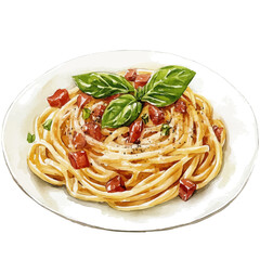 A watercolor vector illustration of Spaghetti Carbonara, isolated on a white background.

