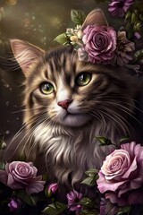 An adorable cat nestled among blooming roses, showcasing a touch of Rococo art.