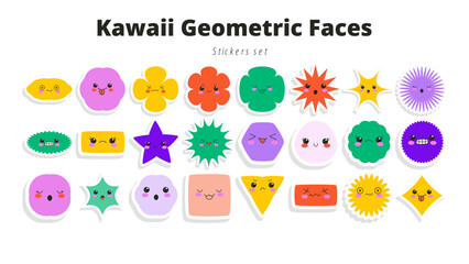 Kawaii Geometric Faces Stickers Vector Isolated Illustration