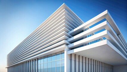 Obraz premium Abstract White Modern Building Facade, Blue Sky Background, Architectural 3D Render, Copy Space