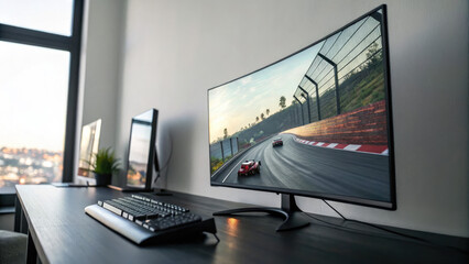 Naklejka premium Ultra-wide curved gaming monitor with dynamic RGB lighting displaying fast-paced racing game on modern black desk. Cutting-edge gaming setup for esports and virtual racing enthusiasts.