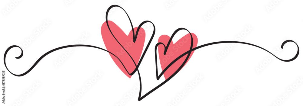 Poster one continuous drawing of heart and color shape love sign. thin flourish and romantic symbols in sim