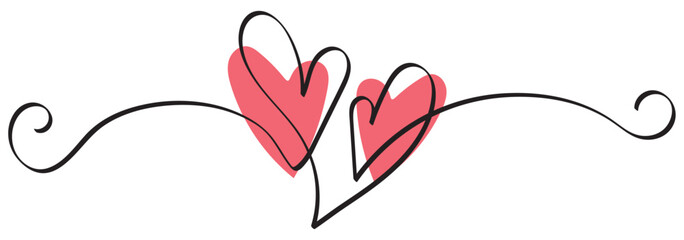 One continuous drawing of heart and color shape love sign. Thin flourish and romantic symbols in simple linear style. Editable stroke. Doodle vector illustration