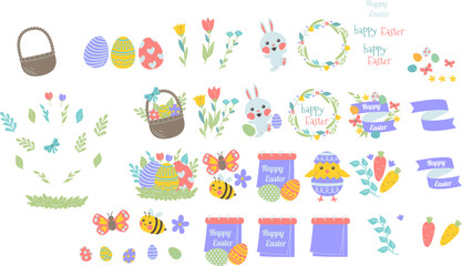 Easter Bunny, Eggs, Flowers, Spring, Holiday Decorations. Easter-Themed Illustrations.