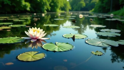 Water lilies and other aquatic plants form a natural floral pattern across a still lake, plants, image