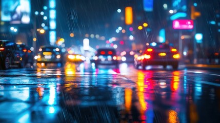 Obraz premium A futuristic metropolis at night with AI-controlled traffic, glowing neon signs, and digital rain reflections. Sci-fi urban atmosphere in cinematic 8K detail.