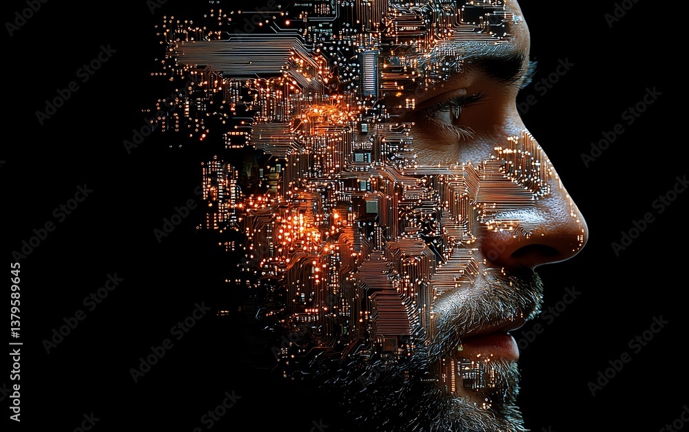Aufkleber Intricate face and brain profile formed by electronic chip circuits, showcasing neuromorphic engineering and the simulation of neuron activity and AI cognition