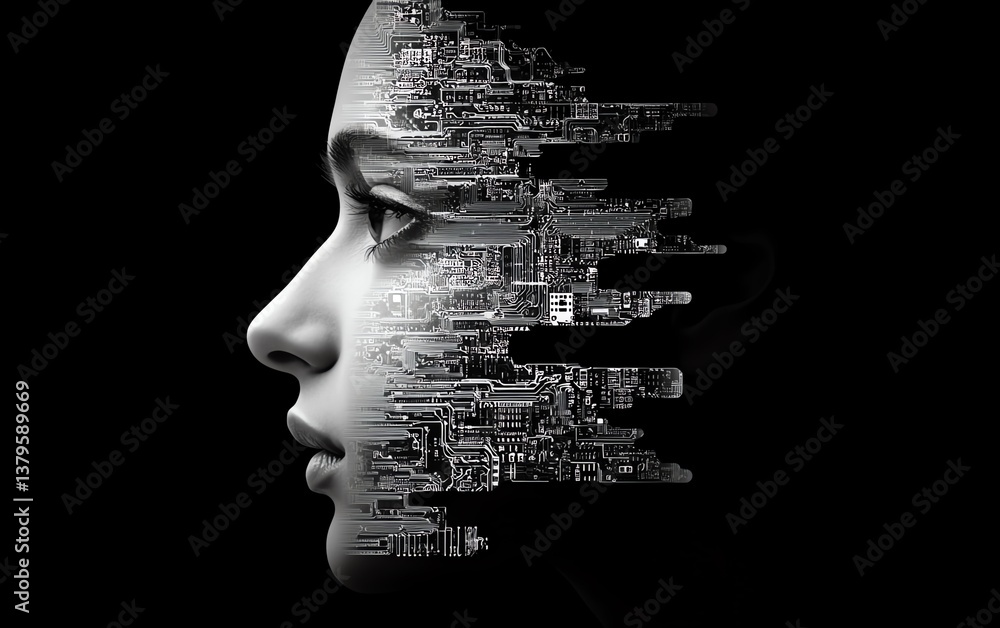 Aufkleber Intricate face and brain profile formed by electronic chip circuits, showcasing neuromorphic engineering and the simulation of neuron activity and AI cognition