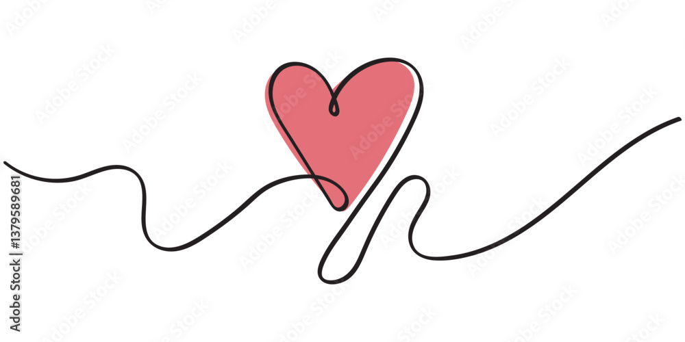 Poster one continuous drawing of heart and red color love sign. thin flourish and romantic symbols in simpl