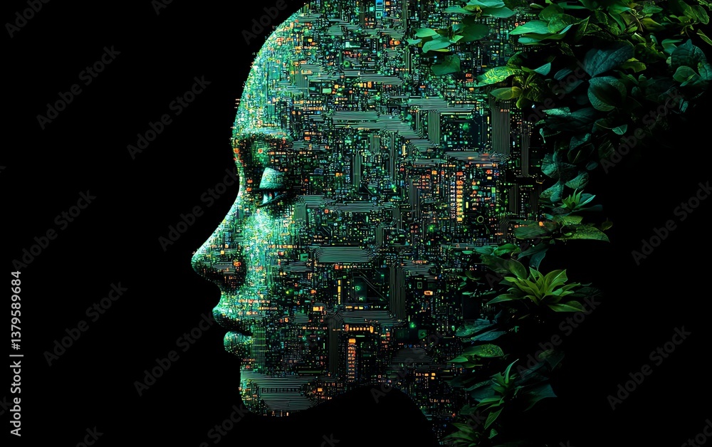 Aufkleber Intricate face and brain profile formed by electronic chip circuits, showcasing neuromorphic engineering and the simulation of neuron activity and AI cognition