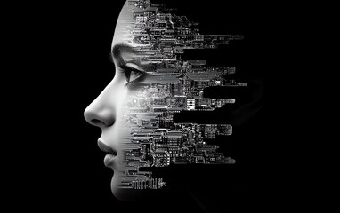 Intricate face and brain profile formed by electronic chip circuits, showcasing neuromorphic engineering and the simulation of neuron activity and AI cognition