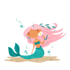 Mermaid with pink hair and green tail holding a flower. Flat vector style. Isolated on white background. Suitable for kids themes, fairy tales, party design and decor