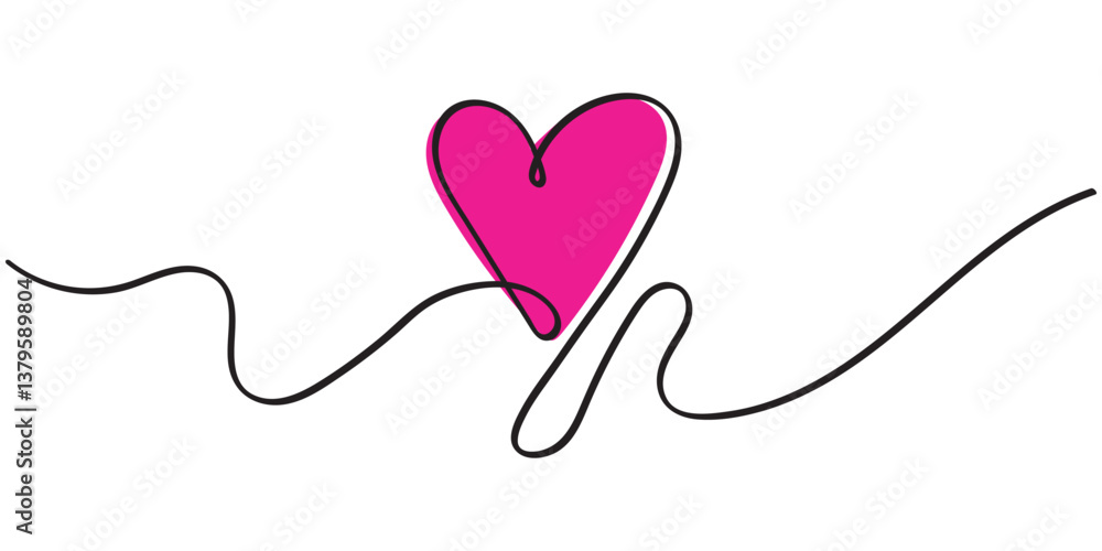 Poster one continuous drawing of heart and red color love sign. thin flourish and romantic symbols in simpl