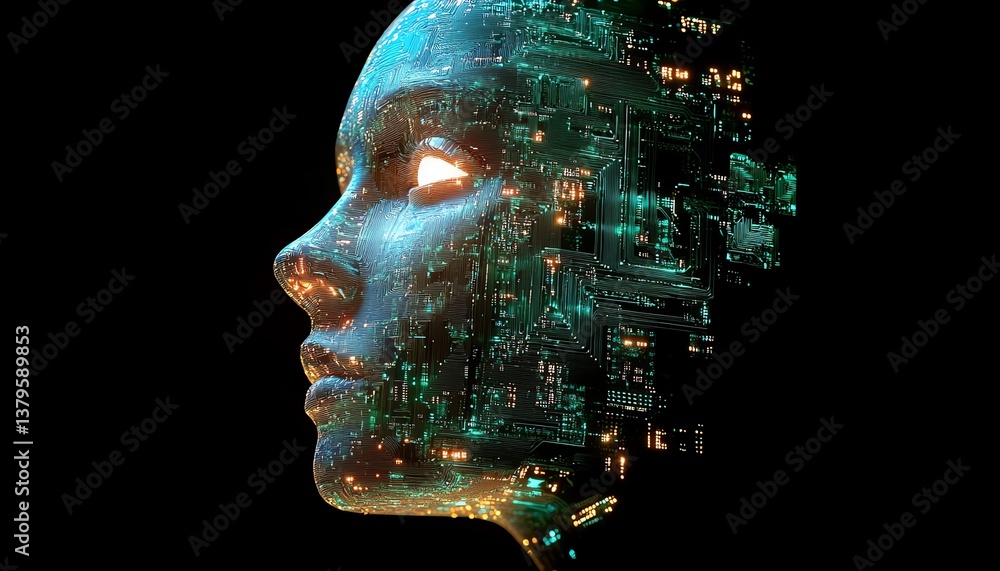 Leinwandbilder 3D brain and face profile made of glowing electronic circuits and chips, illustrating neuromorphic engineering and the simulation of neural pathways and cognitive functions