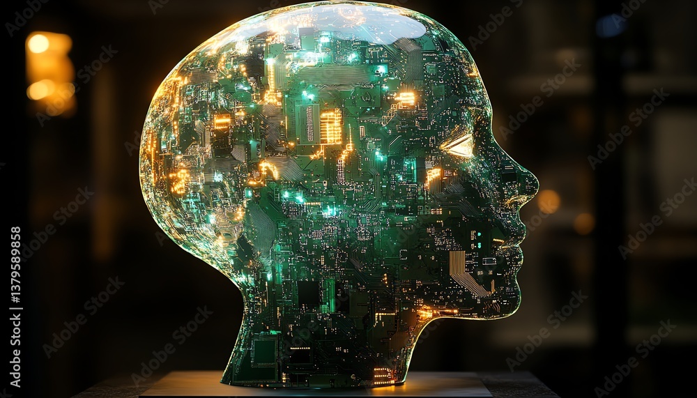 Poster 3d brain and face profile made of glowing electronic circuits and chips, illustrating neuromorphic e
