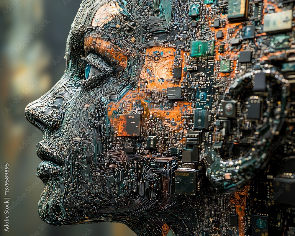 Aufkleber Closeup of brain and face profile created from intricate electronic chip circuits, simulating neuromorphic engineering and neuronlike behavior in AI systems