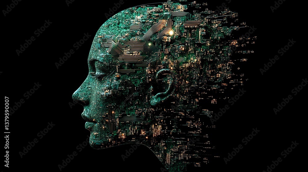 Leinwandbilder Futuristic brain and face profile made of electronic chip circuits, representing neuromorphic engineering, simulating neuronal activity and cognitive functions