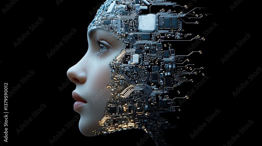 Aufkleber Futuristic brain and face profile made of electronic chip circuits, representing neuromorphic engineering, simulating neuronal activity and cognitive functions