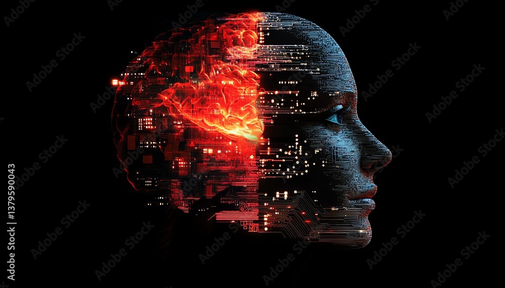 Leinwandbilder Futuristic face and brain profile made of electronic chips, glowing with digital energy, representing the advanced simulation of neuron behavior in neuromorphic engineering