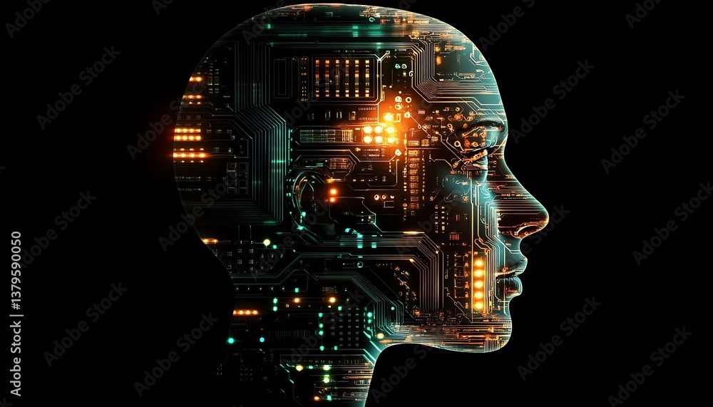 Leinwandbilder futuristic face and brain profile made of electronic chips, glowing with digital energy, representin
