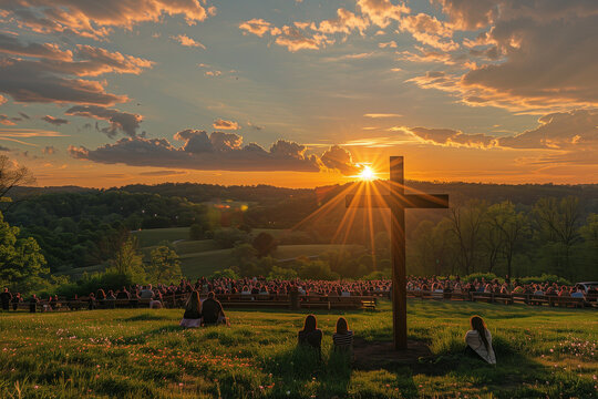 A radiant Easter sunrise over a peaceful meadow with a glowing wooden cross and joyful worshippers. sunset over the countryside