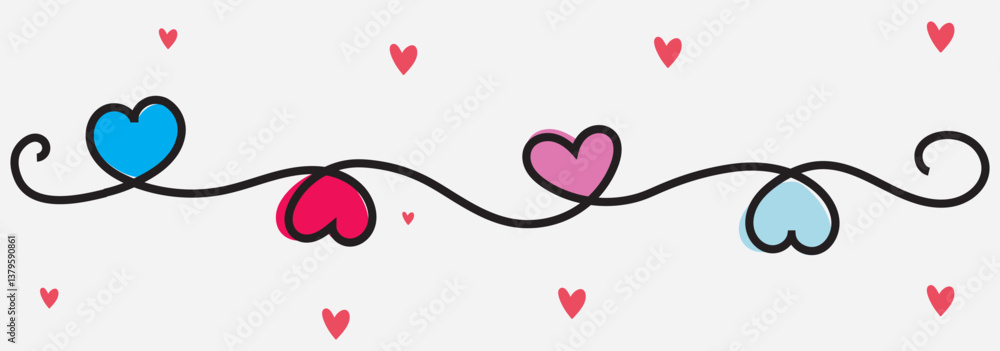 Poster one continuous drawing of heart and red color love sign. thin flourish and romantic symbols in simpl