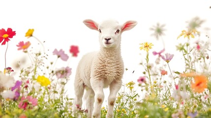 Fototapeta premium A fluffy lamb standing among a vibrant array of colorful wildflowers in a bright and cheerful meadow, symbolizing spring and new beginnings