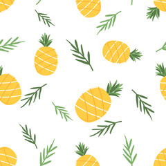 Seamless pattern of pineapple with green leaves on white background vector.