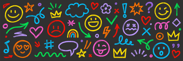 Smile brush hand drawn vector element set. Emoji fun face, heart, crown symbol crayon texture marker background kid sketch style hand drawn element. Color smiley face, arrow. Vector illustration