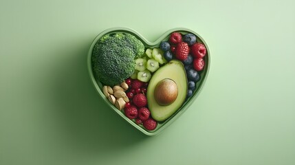 Heartshaped bowl filled with nutritious diet foods, including fresh fruits, vegetables, and whole grains, promoting heart health and cardiovascular wellness. copy space