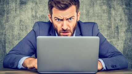 Concerned Man Using Laptop, Close Up Portrait, Gray Background