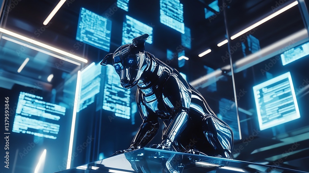 Aufkleber a futuristic robotic canine in a high-tech environment, surrounded by glowing digital screens and da