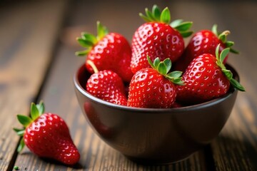 Bowl of vibrant red strawberries, glistening, fresh, ripe, clean eating, sweet