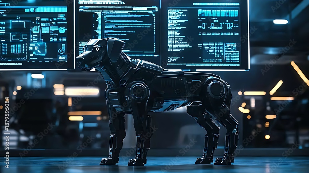 Poster a futuristic robotic dog standing in a high-tech environment with glowing screens and digital interf
