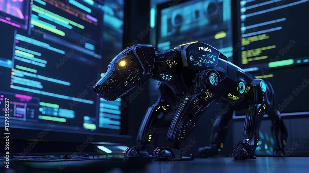 Poster futuristic robotic dog standing in front of glowing digital screens displaying complex data and colo