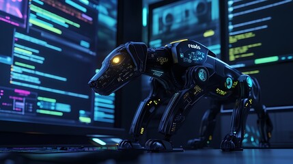 Obraz premium Futuristic robotic dog standing in front of glowing digital screens displaying complex data and colorful coding elements